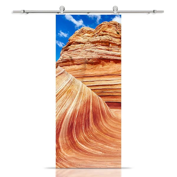 CALHOME 30 in. x 80 in. Artisan Print Series The Wave 02 MDF Modern Interior Sliding Barn Door with Hardware Kit