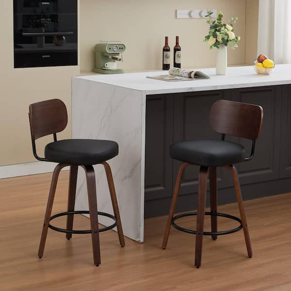 Charis 35.43 in. H Black Plus Walnut Wood Frame Swivel Bar Stools with Faux Leather Upholstered Seat, Set of 2