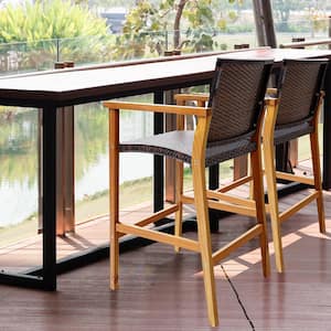 Patio PE Wicker Bar Chairs Height Outdoor Bar Stools with Acacia Wood Armrests Balcony (2-Pieces)