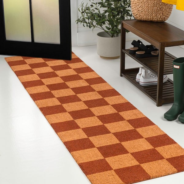 Peater Classic Casual Commerical Natural Coir Natural/Red Checker 2 ft. 2 in. x 8 ft. Indoor/Outdoor Runner Rug