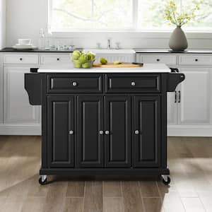 Full Size Black Kitchen Cart with White Granite Top