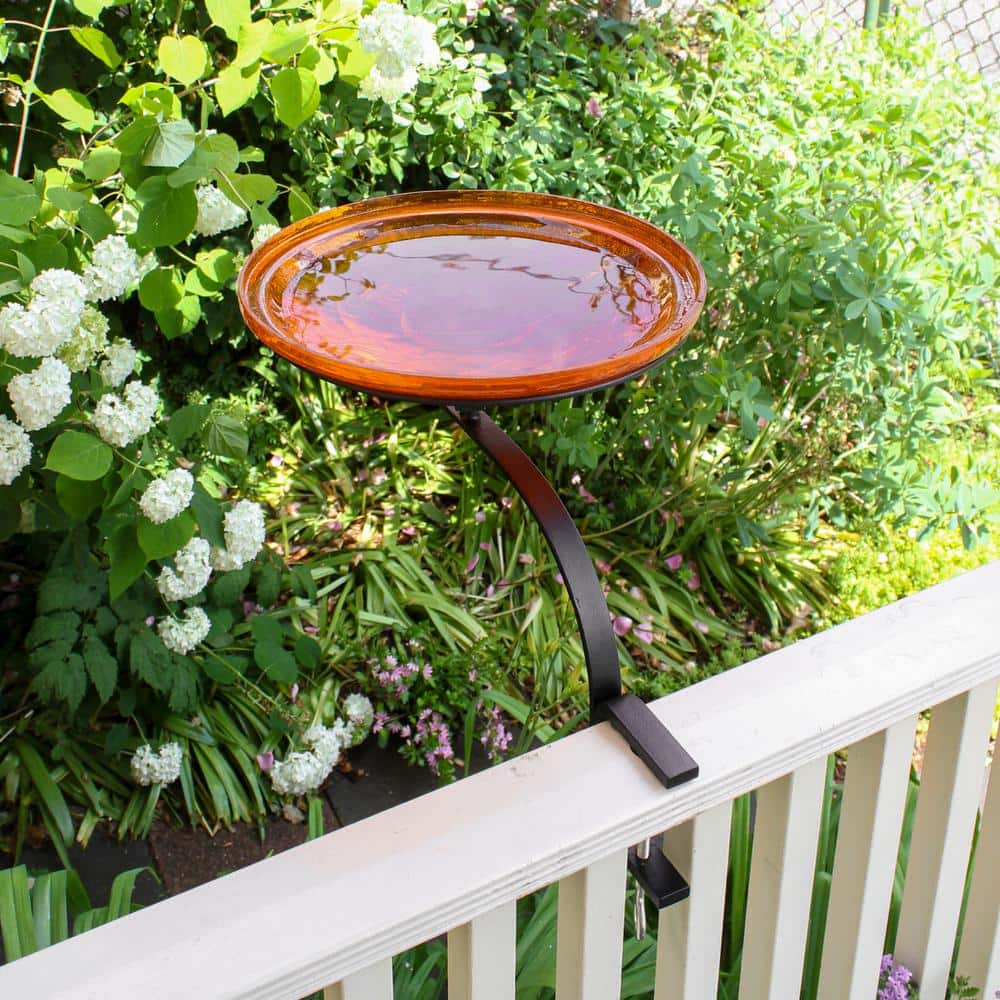 Mandarin Orange 14-Inch Hand Blown Crackle Glass Birdbath with Rail Mount