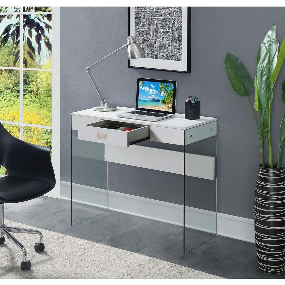 SoHo Chic White Glass Desk with Sleek Drawer, 36 in.