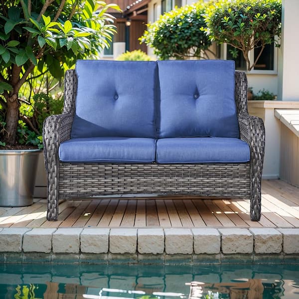 2-Seat Wicker Outdoor Loveseat Sofa Patio with CushionGuard Cushions Gray/Blue