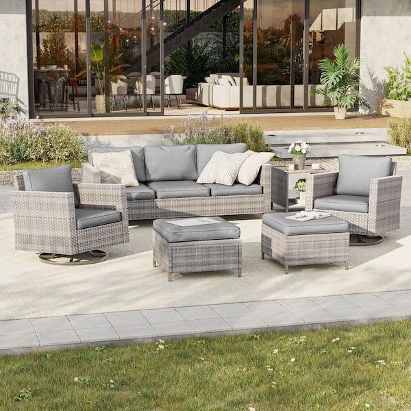6-Piece Patio Conversation Set Gray Wicker with Swivel Rocking Chair and Side Table, Gray