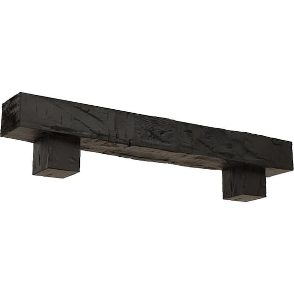 Ekena Millwork 4 in. x 4 in. x 4 ft. Hand Hewn Faux Wood Fireplace Mantel Kit, Alamo Corbels, Burnished Cedar