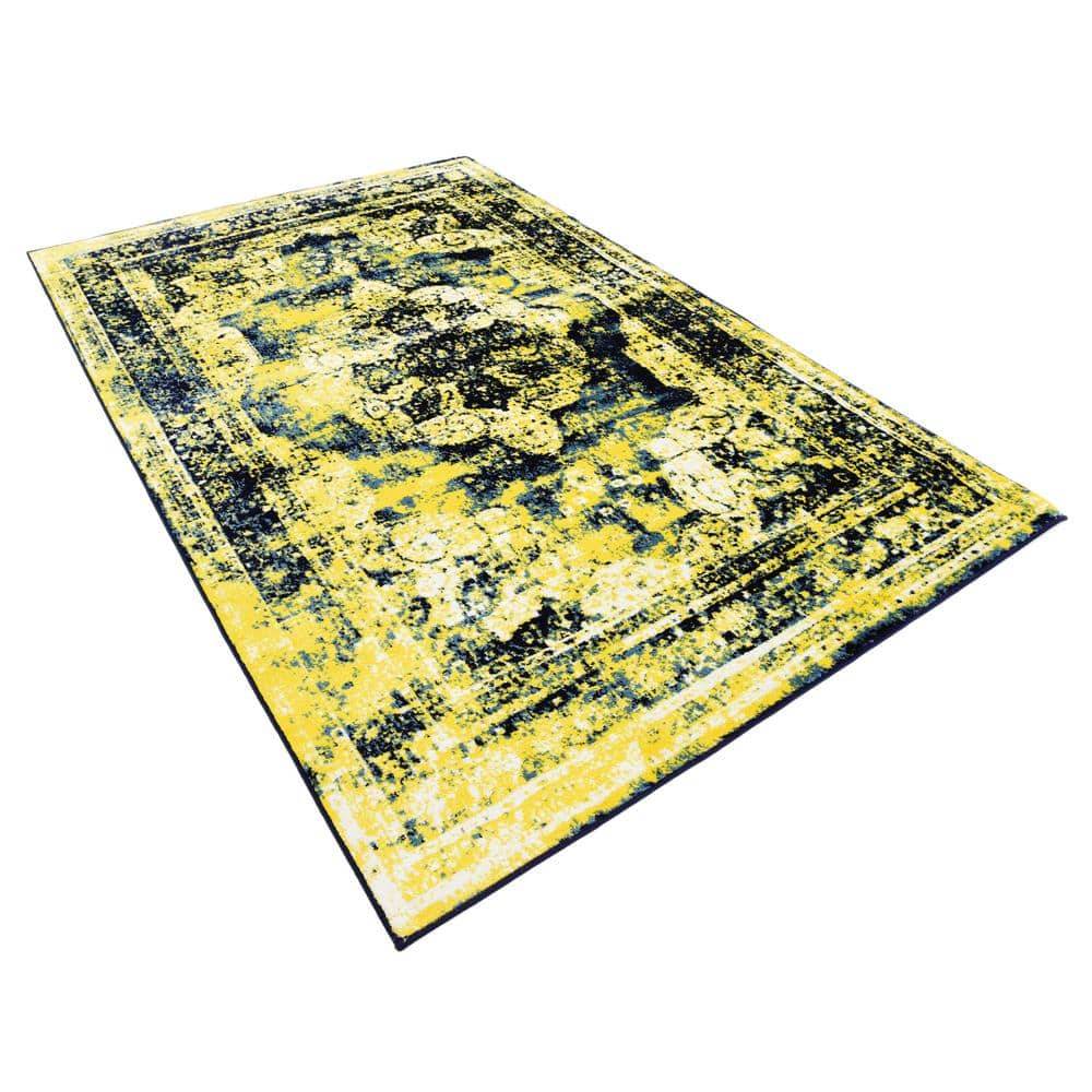 Navy Blue and Yellow Synthetic Reversible Area Rug