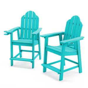 All Weather Plastic Composite Outdoor Bar Stool Adirondack Arm Chairs with Cup Holder -Aruba Blue(set of 2)