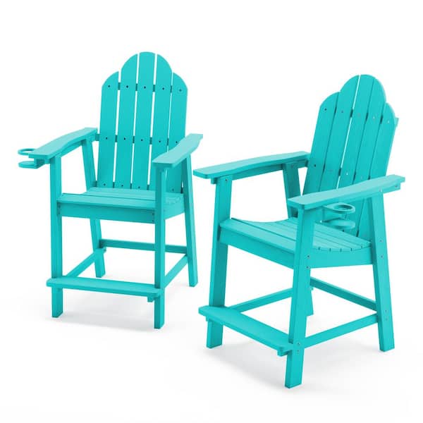 OrangeOne All Weather Plastic Composite Outdoor Bar Stool Adirondack Arm Chairs with Cup Holder -Aruba Blue(set of 2)