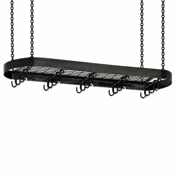 Black Wall-Mounted Hanging Rail Pot Rack with 10 Hooks for Pans, Lids, Utensils and Coffee Mugs, Industrial Style