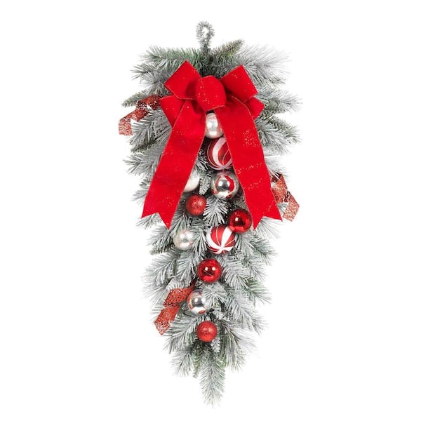 Home Accents Holiday 32 in. Flocked Pine Teardrop with Red and White Balls