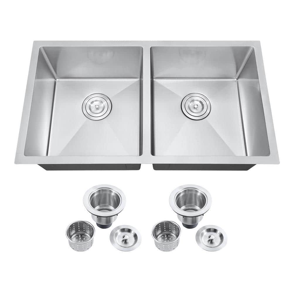 Akicon 20-Gang Stainless Steel Double Bowl 32 in. Undermount Kitchen Sink  with Drain Assembly Strainer AKE321809R10-Nano - The Home Depot