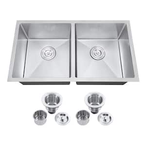 20-Gang Stainless Steel Double Bowl 32 in. Undermount Kitchen Sink with Drain Assembly Strainer
