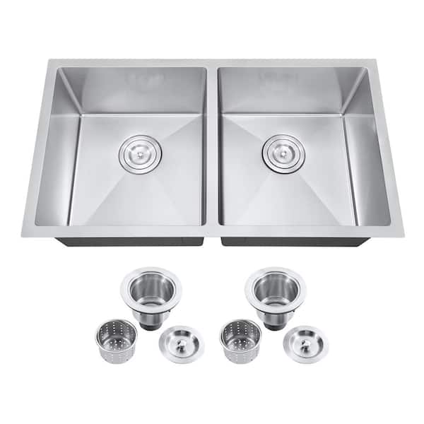 Akicon 20-Gang Stainless Steel Double Bowl 32 in. Undermount Kitchen Sink with Drain Assembly Strainer