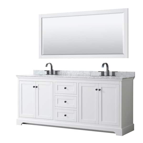Wyndham Collection Avery 80 in. W x 22 in. D x 35 in. H Double Bath Vanity in White with White Carrara Marble Top and 70 in. Mirror