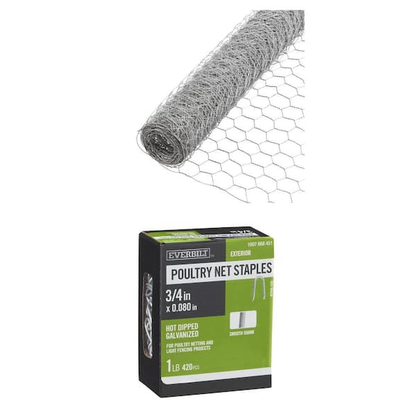 1 in. Mesh 2 ft. x 25 ft. 20-Gauge Galvanized Poultry Netting and 3/4 in. x 3/8 in. Fence Staples (420-Count) Combo