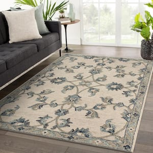 Rory Classic Ivory/Blue 5 ft. x 7 ft. Mirroring Floral Bloom Area Rug