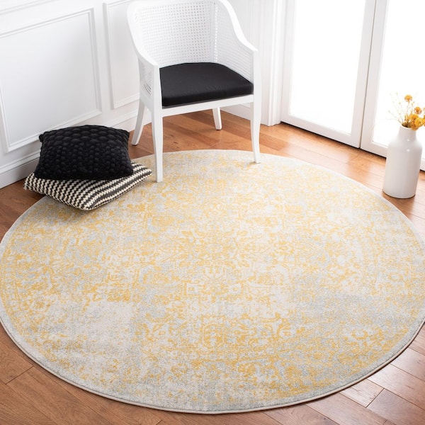 Evoke 5 ft. x 5 ft. Round Ivory/Gold Distressed Border Medallion Area Rug