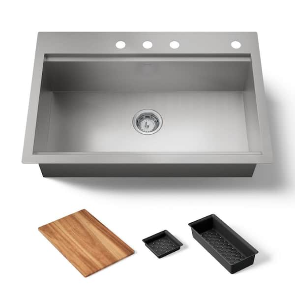 KOHLER Lyric 33 in. Stainless Steel 18-Gauge Drop in/Undermount Workstation Single Bowl Kitchen Sink with Accessories