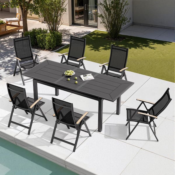Pellebant Black 7-Piece Aluminum Wood-Like Rectangular Expandable Outdoor Dining Set with Folding Recline Chairs