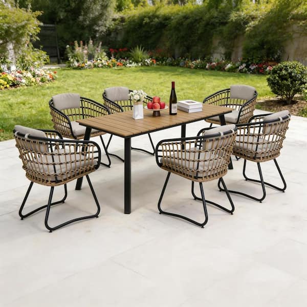7-Piece Wicker Outdoor Dining Set with Wood-Plastic Composite Board Table and Removable Cushions
