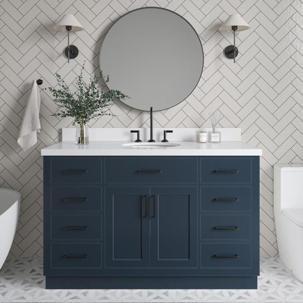 ARIEL Hepburn 55 in. W x 22 in. D x 36 in. H Bath Vanity in Midnight Blue with Pure Quartz Vanity Top with White Basin