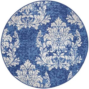 Whimsicle Navy Ivory 5 ft. Floral Farmhouse Round Area Rug