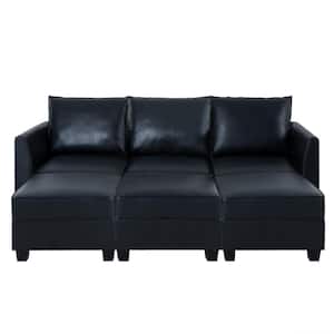 56.01 in. Faux Leather Modern 3-Seater Upholstered Sectional Sofa Bed with 3 Ottoman in. Black