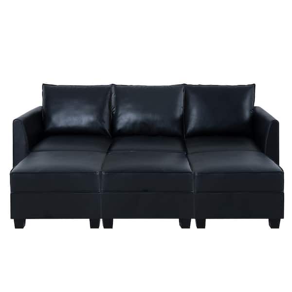HOMESTOCK 56.01 in. Faux Leather Modern 3-Seater Upholstered Sectional Sofa Bed with 3 Ottoman in. Black