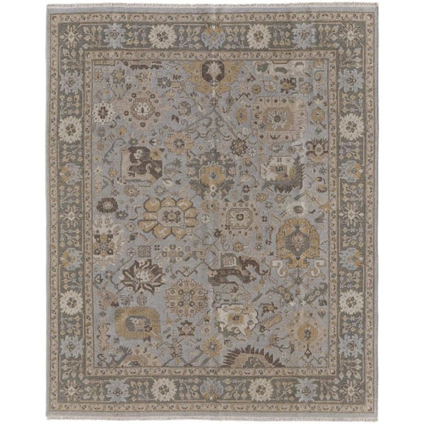 8 ft. x 12 ft. Gray and Brown Wool Oriental Hand Knotted Area Rug With Fringe