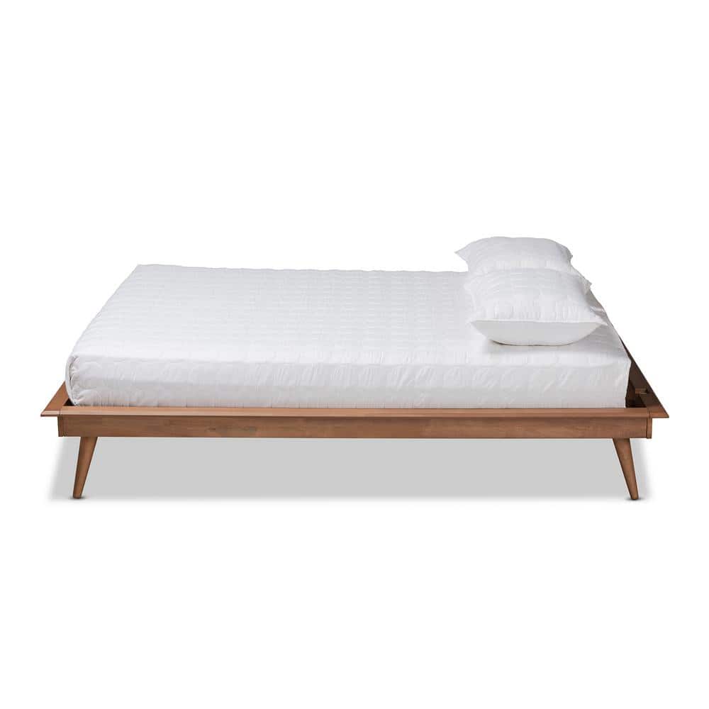 Mid-Century Modern Walnut Brown Full Platform Bed with Tufted Upholstery