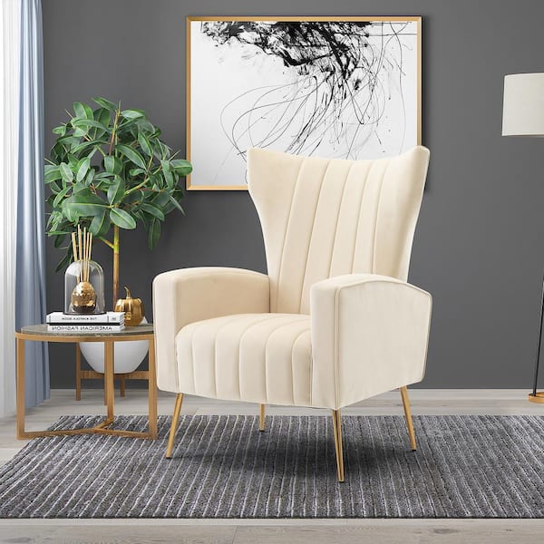 HOMEFUN Beige Velvet Wingback Chair with Golden Legs