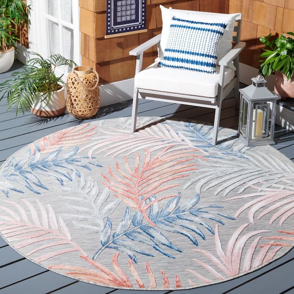 Cabana Gray/Rust 6 ft. x 6 ft. High-Low Abstract Leaf Indoor/Outdoor Round Area Rug
