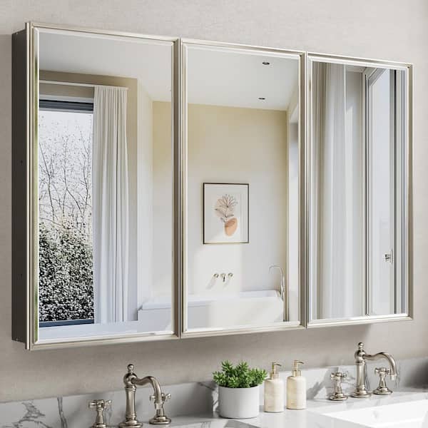 Musey 48 in W x 30 in H Brush Nickel Rectangular Aluminum Medicine Cabinet with Beveled Mirror, Recessed or Surface
