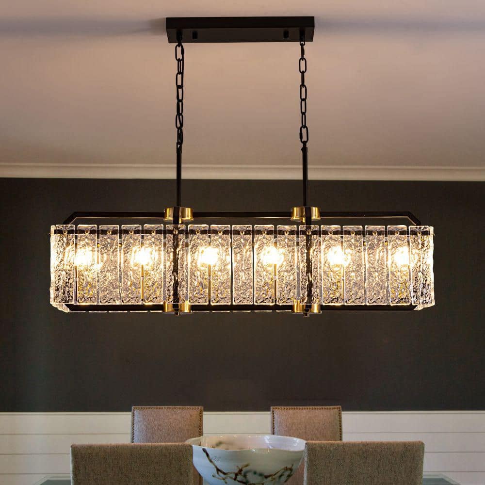WDETR 39 in. Modern 6-Light Rectangle Black Crystal Chandelier for