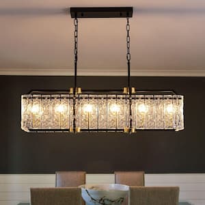 39 in. Modern 6-Light Rectangle Black Crystal Chandelier for Dinning Room