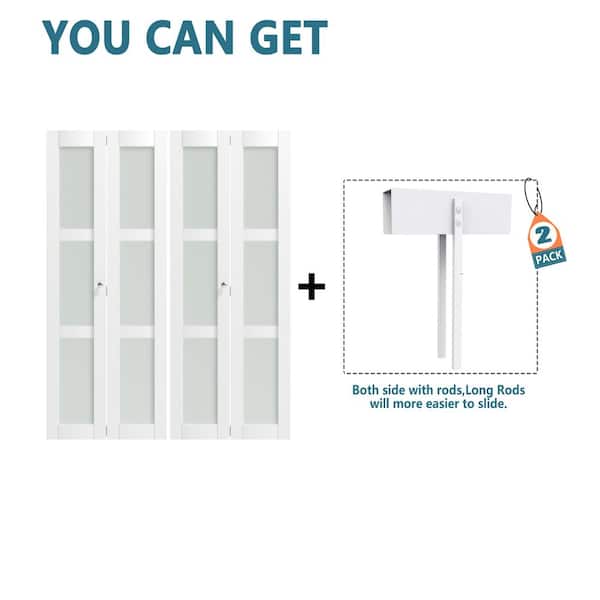 64 in. x 80 in. 3-Panel Frosted Glass Solid Core White PVC Covering MDF Bi-fold Doors with Locks and Handles