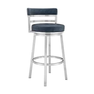 Madrid Contemporary 30 in. Counter Height Barstool in Brushed Stainless Steel Finish and Blue Faux Leather