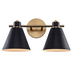 Forge 15.5 in. 2-Light Black and Gold Bathroom Vanity Light Fixture with Metal Cone Shades