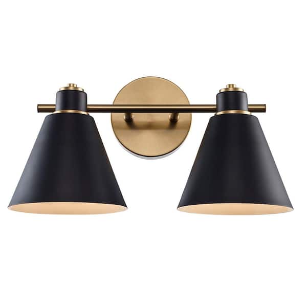 Bel Air Lighting Forge 15.5 in. 2-Light Black and Gold Bathroom Vanity Light Fixture with Metal Cone Shades