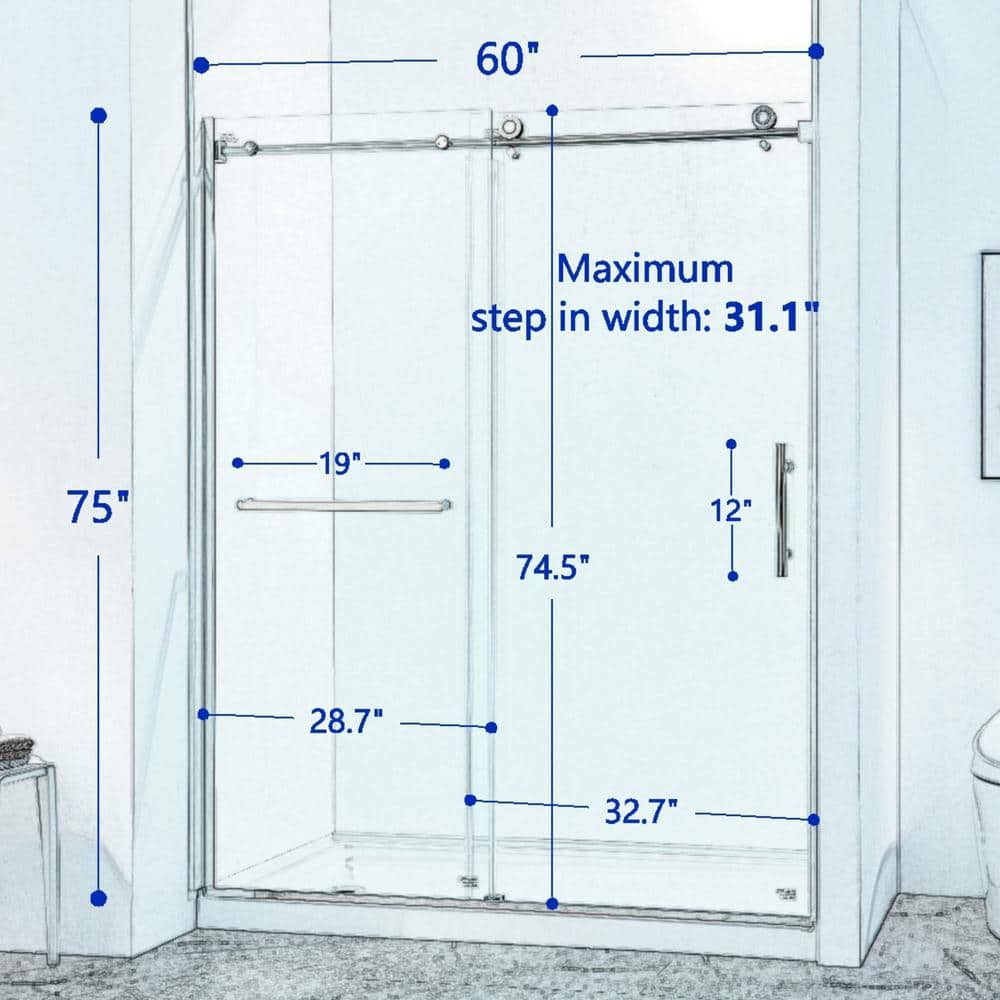 60" Chrome Semi-Frame Sliding Shower Door with Tempered Glass
