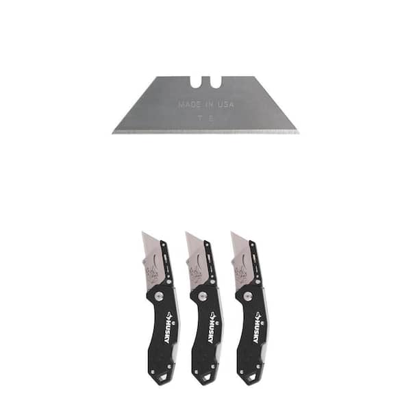 Heavy-Duty Utility Blades Dispenser (100-Pack) and HUSKY Folding Lock-Back Utility Knife, 3-Pack