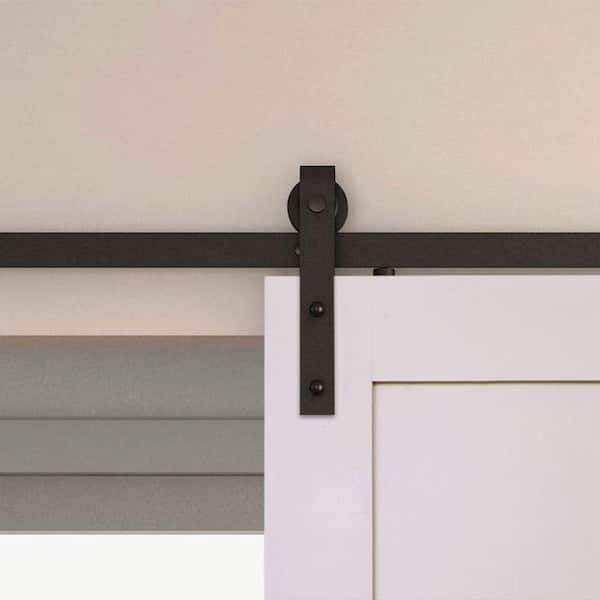 78 in. Black Solid Steel Rolling Barn Door Hardware Kit for Single Wood Doors with Non-Routed Adjustable Floor Guides