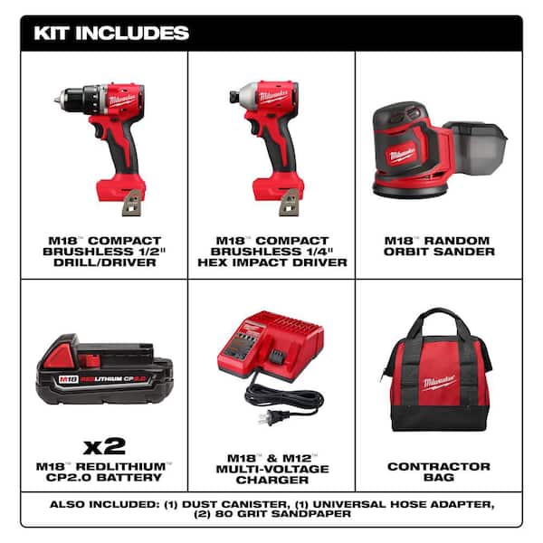 M18 18V Lithium-Ion Brushless Cordless Compact Drill/Impact Combo Kit (2-Tool) w/(2) 2.0 Ah Batteries, Charger, & Sander