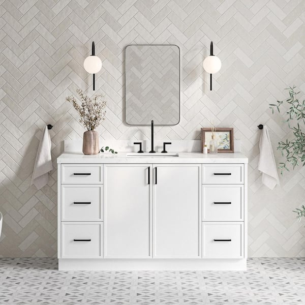 ARIEL Kelly 60.25 in. W x 22 in. D x 36 in. H Single Sink Bath Vanity in White with Carrara White Quartz Top