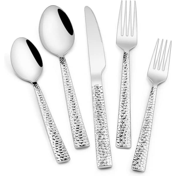 40-Piece Hammered Stainless Steel Flatware Set for 8, Square Cutlery Utensils, Mirror Finish and Dishwasher Safe