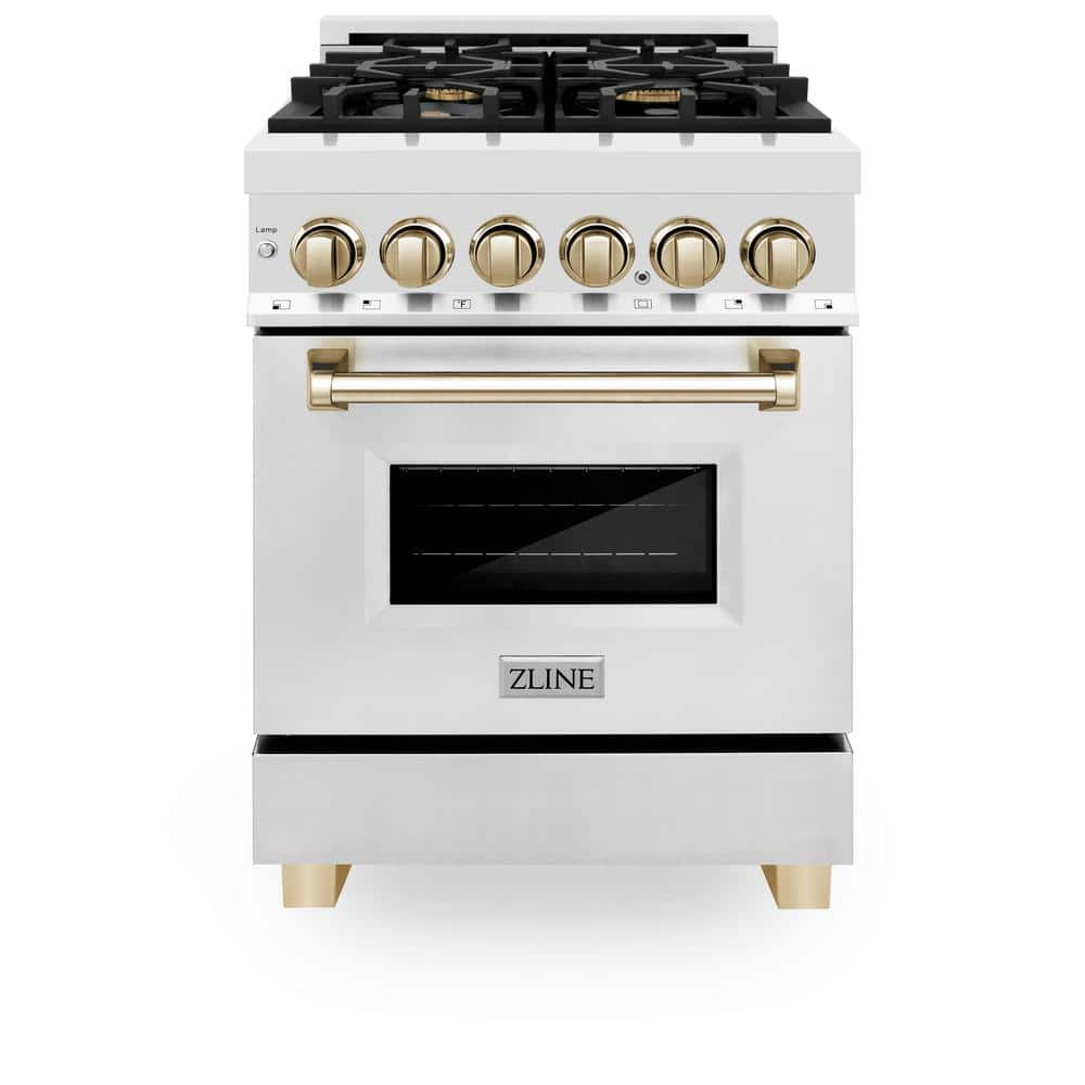 Autograph Edition 24 in. 4 Burner Dual Fuel Range in Stainless Steel and Polished Gold -  ZLINE Kitchen and Bath, RAZ-24-G