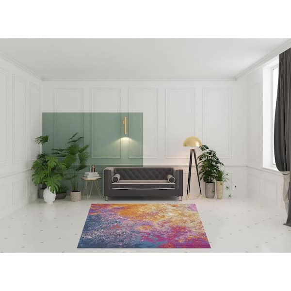 8 ft. Round Blue Abstract Washable Area Rug