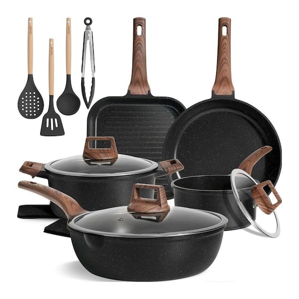 16-Piece Black Nonstick Ceramic Cookware Set Aluminum Core Induction Compatible with Grill Pan Saute Pan Pots