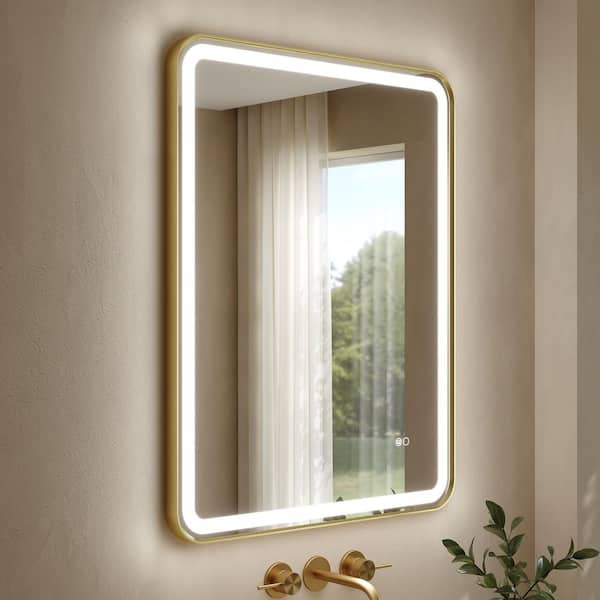 BONIE 28 in. W x 36 in. H Rectangular Framed Anti-Fog LED Wall Bathroom Vanity Mirror in Brushed Gold
